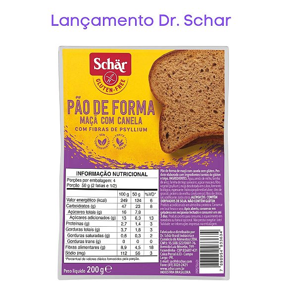 Pão de Forma Maça com Canela Schar Sem Glúten e Lactose 200g