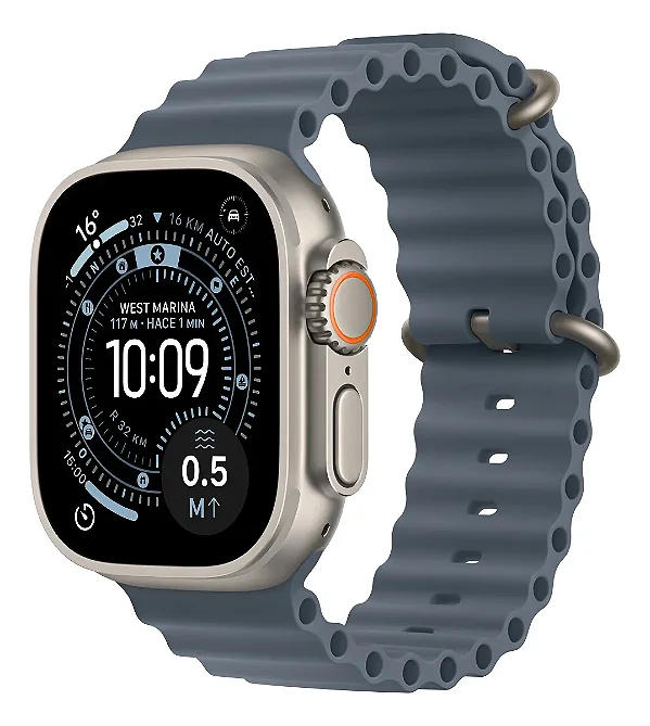 Apple Watch Ultra 3 GPS + Cellular • Caixa natural de titânio – 49 mm • Pulseira Oceano azul-âncora