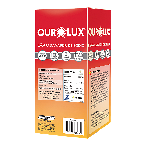 Lâmpada Sódio Ovoide 100W E40 Ourolux.