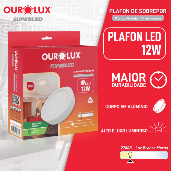 Plafon Superled Sobrepor 12W Bivolt 2700K Redondo Ø 17cm.