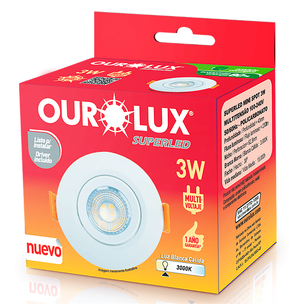 Superled Mini Spot 3W 3000K redondo bivolt.