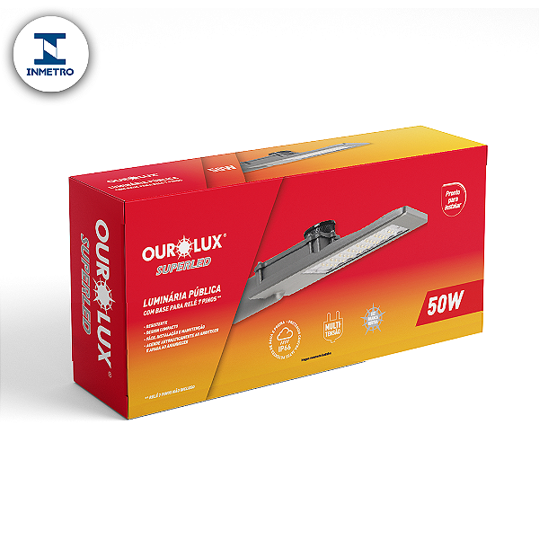 Luminária Pública LED 50W IP66 bivolt 4000K base rele com INMETRO.