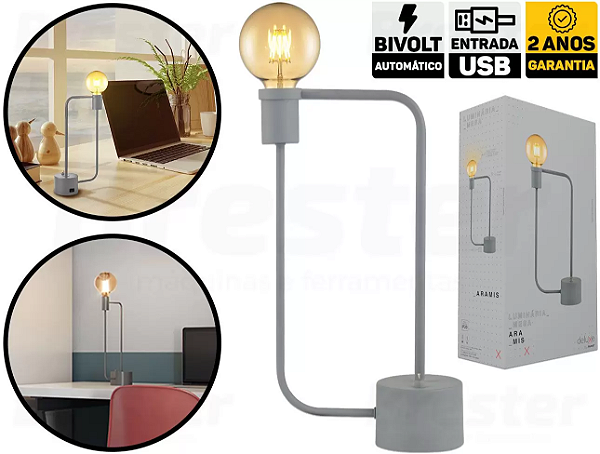 Luminária de mesa Aramis com entrada USB 40X21cm aço cinza.