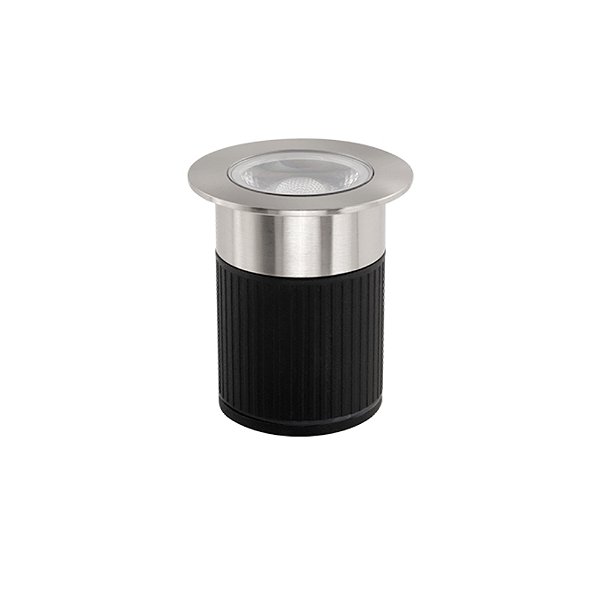 Embutido de solo chão LED focco redondo 30º externo 3000K 5W bivolt Ø6,5X5,6cm alumínio inox IP67.