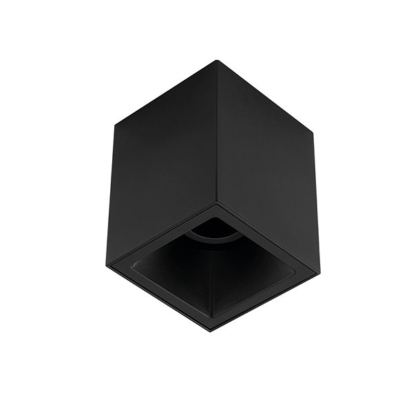 Plafon de sobrepor recuado quadrado facho direcionável dicróica MR16 máx. 15w bivolt 10X10X12,1cm alumínio preto.
