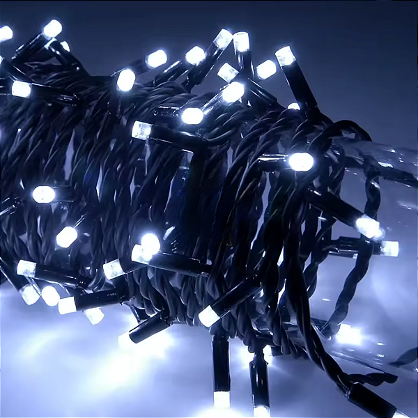 Pisca de Natal 100 Leds branco frio 8 Funções fio verde conector macho e fêmea 10 Metros 127V.