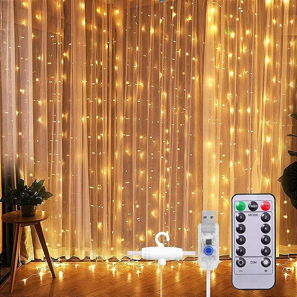 Cortina De Natal 300 LEDS Branco Quente 8 funções com controle remoto 3mx2m 127V.