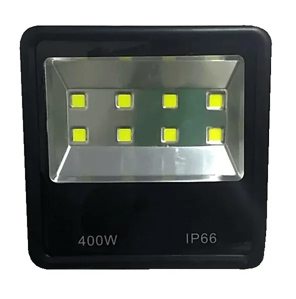 Refletor Slim LED COB 400W preto 3000K branco quente IP66 bivolt.