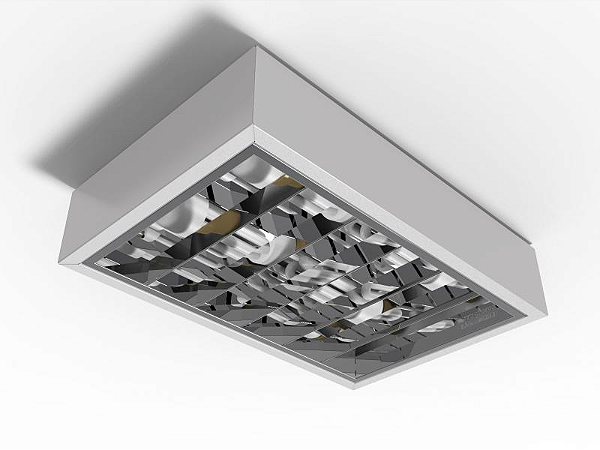 Luminária de sobrepor 28.8cm X 44cm alto rendimento com aletas parabólicas duplas para 4 lâmpadas E27.