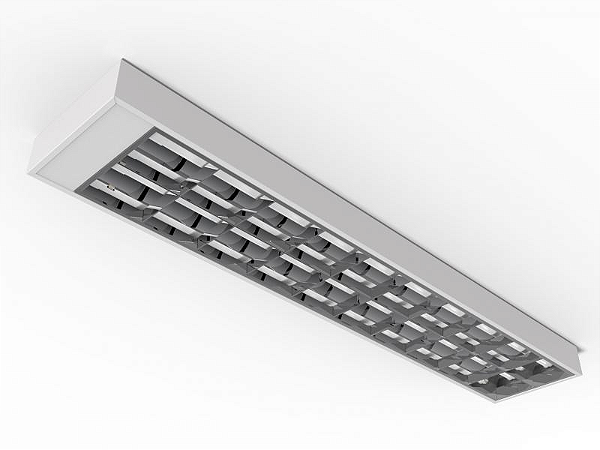Luminária de sobrepor alto rendimento com aletas parabólicas duplas para 2 lâmpadas 18/20W 120cm.