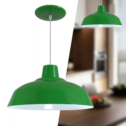 Luminária pendente retrô tipo BEDD 34cm industrial verde e branco em alumínio.