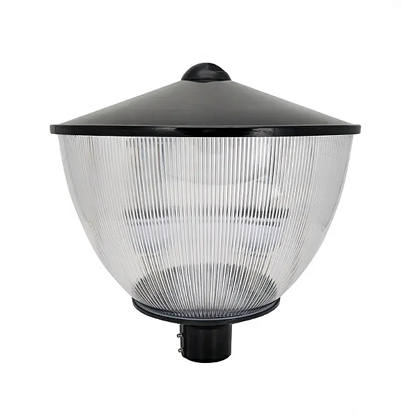 Luminária decorativa em policarbonato prismática 22" com tampa cônica em alumínio e base fundida para poste 60,3mm E-27.