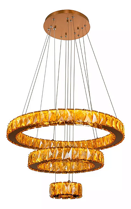 Lustre Cristal Legítimo 4000K Led 40w Triplo Redondo 3 Aros Tokyo Gold 300x50cm.