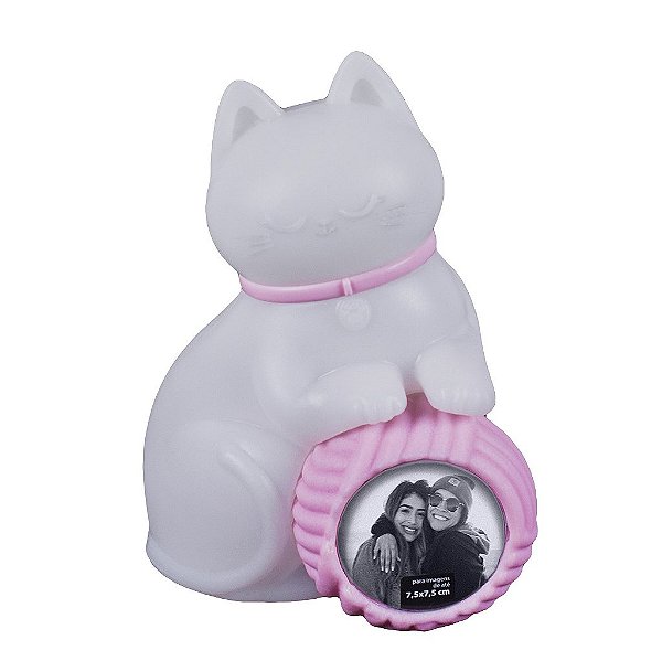 Luminária Gatinha Novelo com Porta Retrato 26,5x20x17,5cm Polietileno Branco e Rosa.