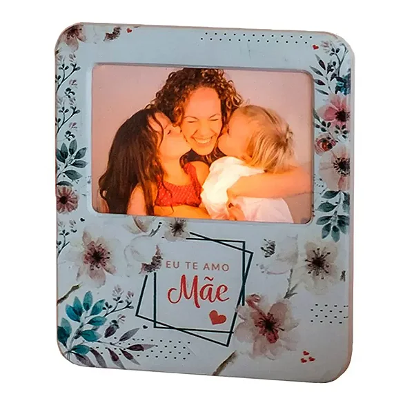 Luminária Porta Retrato Eu Te Amo Mãe 22,5x19,5x8cm Polietileno Branco, Rosa e Verde.