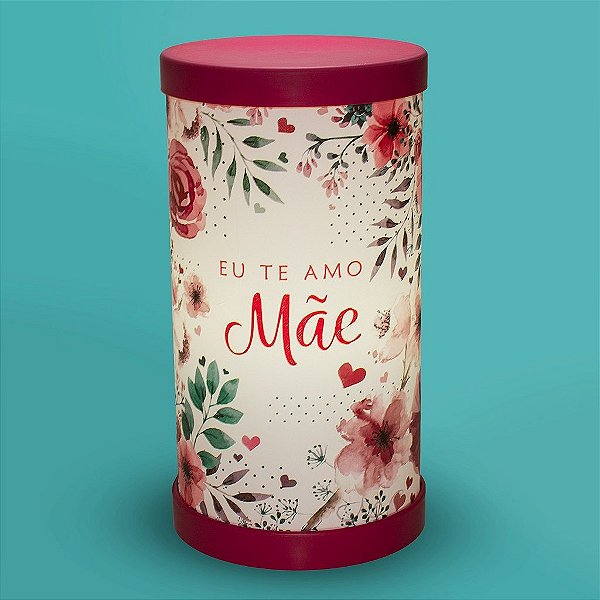 Luminária de Mesa Lumi Eu te Amo Mãe 27xØ14,5cm Polipropileno Rosa e Branco.
