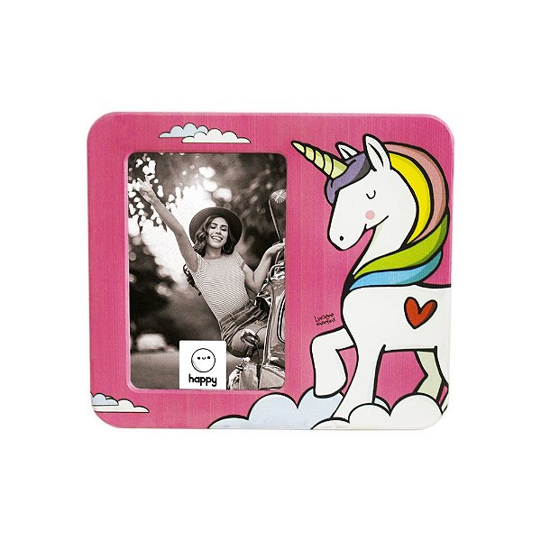 Luminária Porta Retrato Unicórnio 22,5x19,5x8cm Polietileno Rosa e Branco.