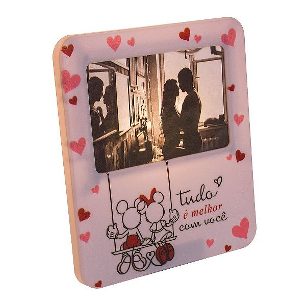 Luminária Porta Retrato Mickey e Minnie 22,5x19,5x8cm Polietileno Branco, Vermelho e Preto.