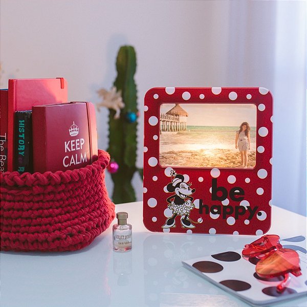 Luminária Porta Retrato Minnie Clássica Be Happy 22,5x19,5x8cm Polietileno Vermelho, Branco e Preto.