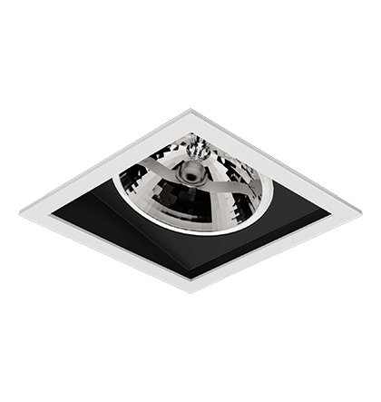 Spot de Embutir Laini Quadrado Facho Orientável AR111 14,8x14,8x10,6cm Alumínio Branco Fosco e Preto Acetinado.