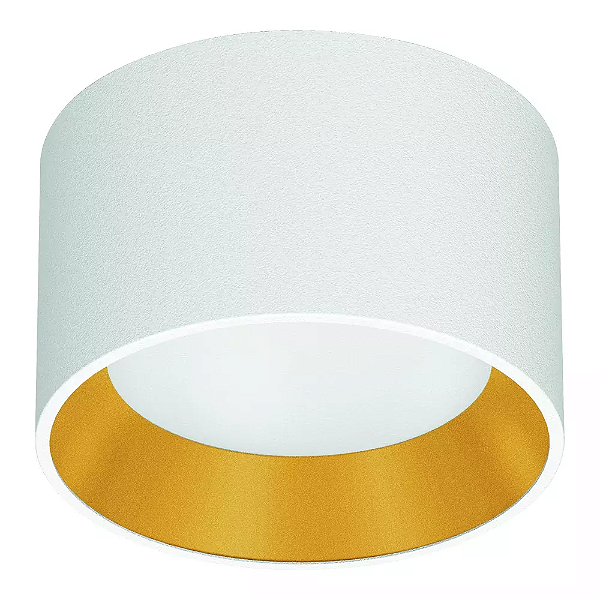 Plafon de Sobrepor LED Dhari Redondo Recuado 2700K 18,3W Bivolt Ø17,9x11cm Corpo Branco Fosco e Refletor Dourado Acetinado.