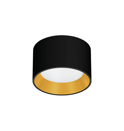 Plafon de Sobrepor LED Dhari Redondo Recuado 5000K 18,3W Bivolt Ø17,9x11cm Corpo Preto Acetinado e Refletor Dourado Acetinado.