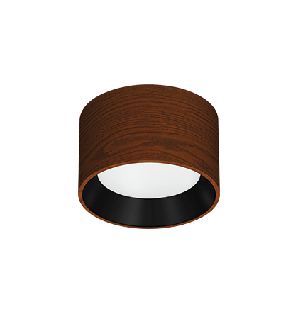 Plafon de Sobrepor LED Dhari Redondo Recuado 2700K 18,3W Bivolt Ø17,9x11cm Corpo Amadeirado e Refletor Preto Acetinado.
