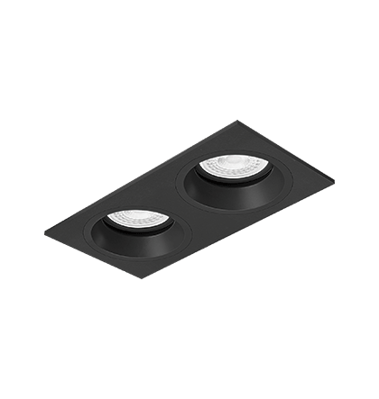 Luminária de Embutir Retangular Face Plana 13,9x7,3x7,4cm facho orientável 2x Dicróica LED base GU10 Alumínio Preto fosco.