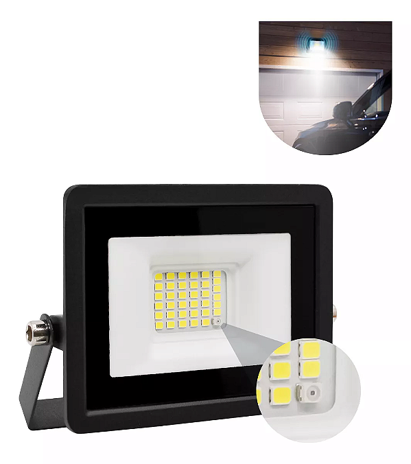 Refletor Com Sensor De Presença embutido Led 20w Fotocélula Bivolt 6500k Preto.