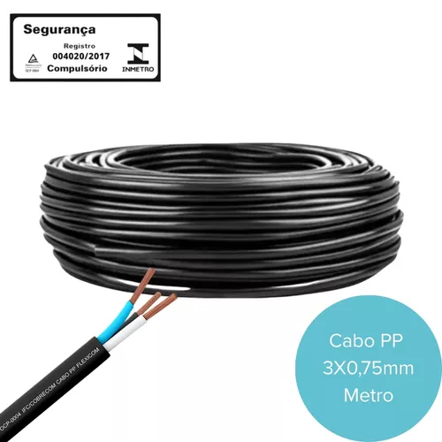 Cabo PP 3x0,75mm Preto 300V/500V rolo de 100 metros.