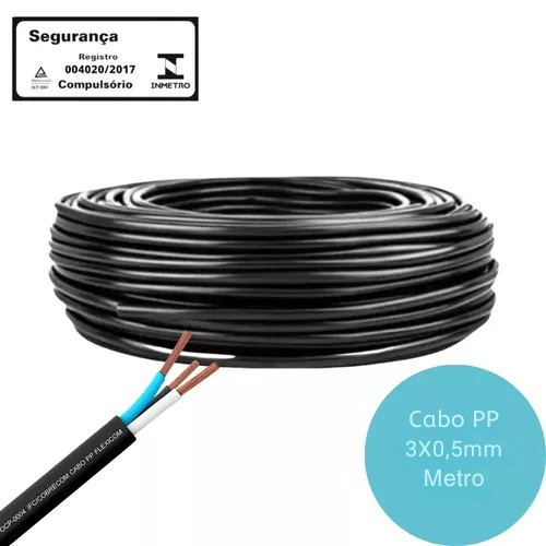 Cabo PP 3x0,5mm Preto 300V/500V rolo de 100 metros.