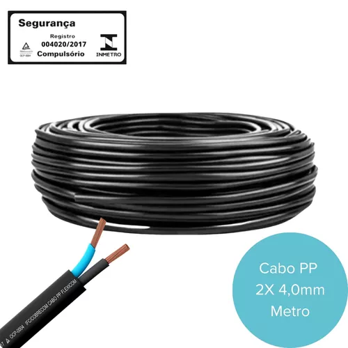 Cabo PP 2x4mm Preto 300V/500V rolo de 100 metros.