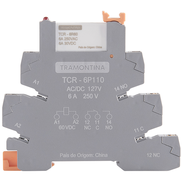 Relé de Interface Tramontina com Base Push In 127V AC/DC 6A.