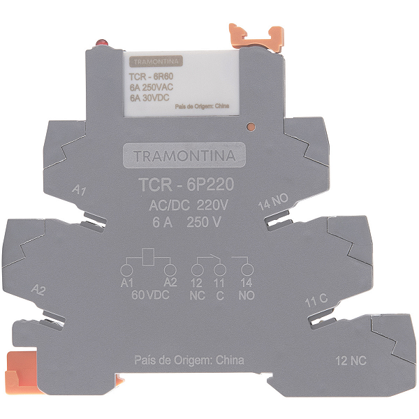 Relé de Interface Tramontina com Base Push In 220V AC/DC 6A.