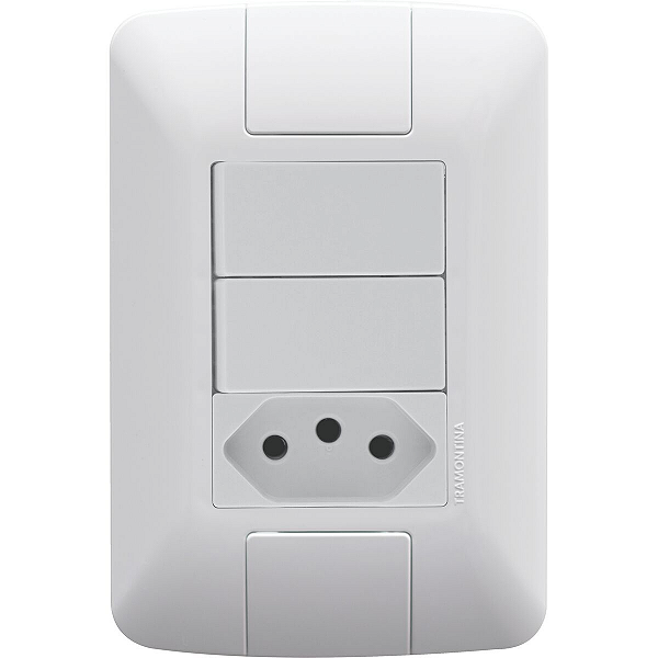 Conjunto 4x2 com 2 Interruptores Simples 6A 250V e 1 Tomada 2P+T 10A 250V Tramontina Aria Branco.