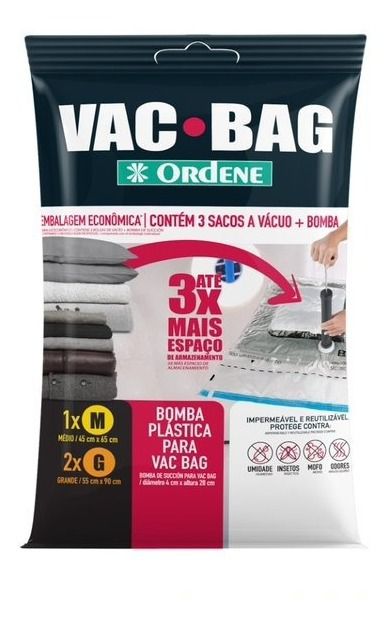 Kit 3 Sacos A Vácuo Vac Bag 1 M, 2 G 55x90 Cm E Bomba Ordene