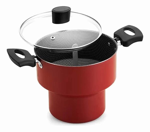 Cuscuzeiro Pequeno Antiaderente Tampa Vidro Vermelho 14