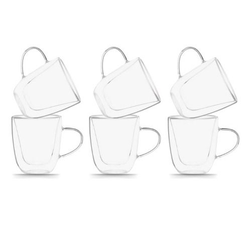 Jogo 06 Xícaras Copo Café Vidro Parede Dupla 200ml Com Alça