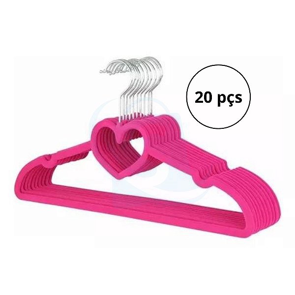Cabide Infantil Veludo Pink Coração 20pçs