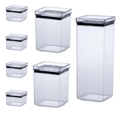 Kit 7 Potes Mantimentos Alimento Hermético Quadrado Acrílico