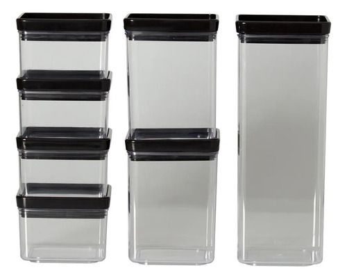 Kit 7 Potes Mantimentos Alimento Hermético Quadrado Acrílico