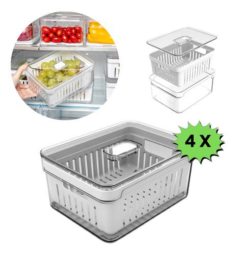 Kit 4 Organizadores Geladeira 2,2 Litros Alimentos Vegetais