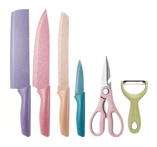 Conjunto De Facas Inox Coloridas Descascador Tesoura Cutelo
