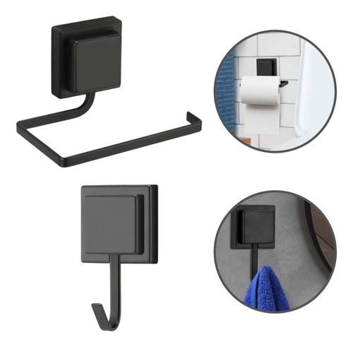 Porta Papel Higienico + Gancho Toalha Preto Fosco Arthi 3m