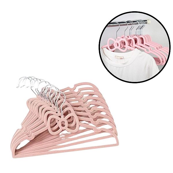 Kit 10 Unidades Cabide Infantil Veludo Rosa Laço