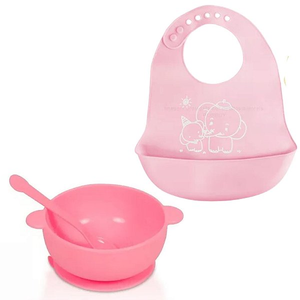 Kit Tigela Infantil Bebê Babador Colher De Silicone Rosa