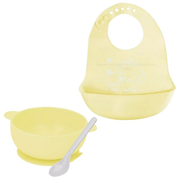 Kit Tigela Infantil Bebê Babador Colher De Silicone Amarelo