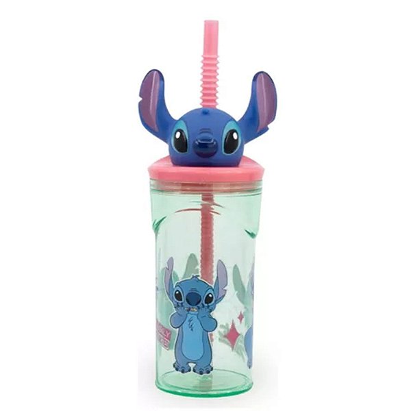 Copo Infantil 3d Com Canudo Stitch 360ml Original Disney