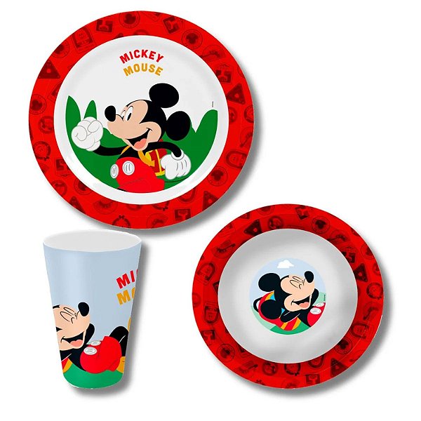 Prato Tigela E Copo Jogo Infantil Refeiçao Bebe Mickey 3un