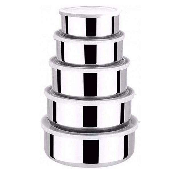 Conjunto De Potes Para Alimentos Inox Com Tampa Jogo 5 Peças